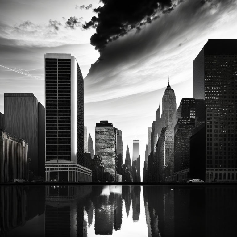 Sunset Monochrome Cityscape: Skyscraper Silhouettes, Calm Water, Dramatic