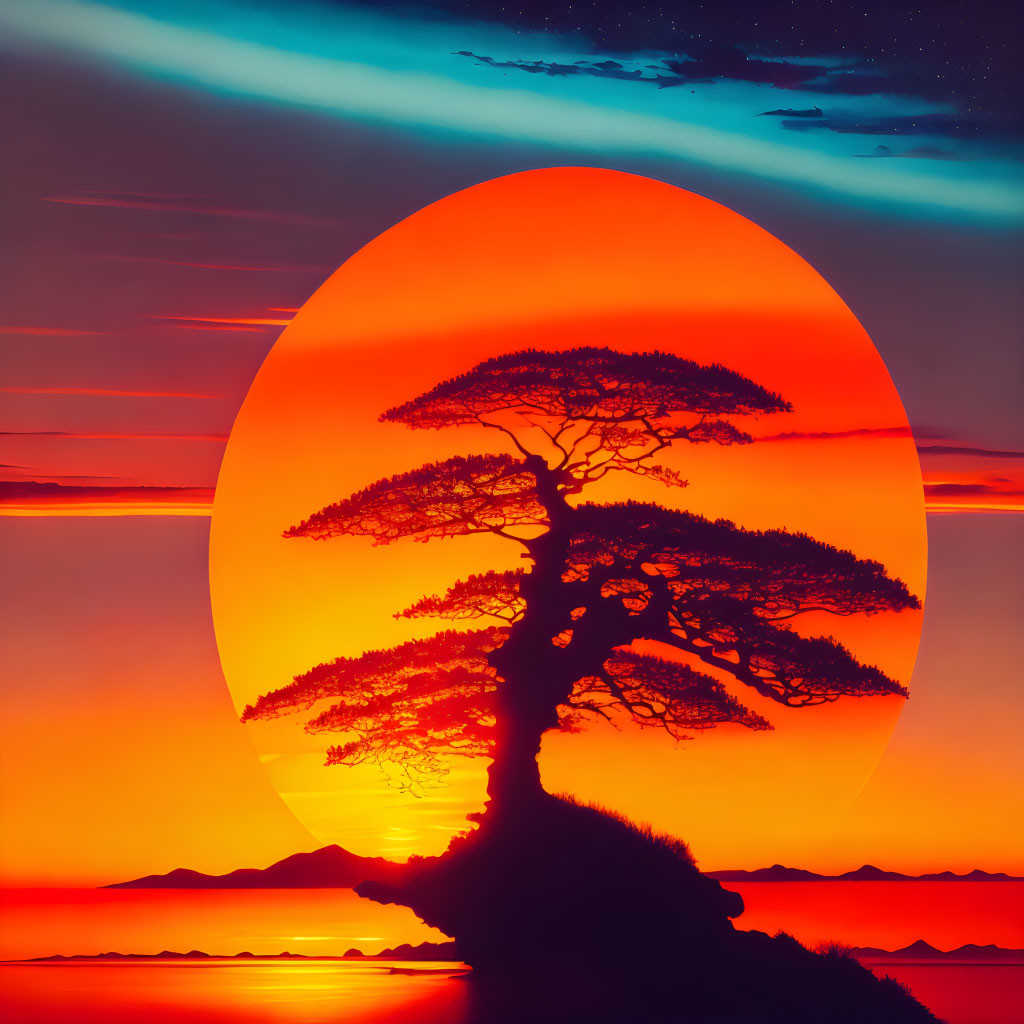 Vibrant sunset silhouette with large sun and colorful sky