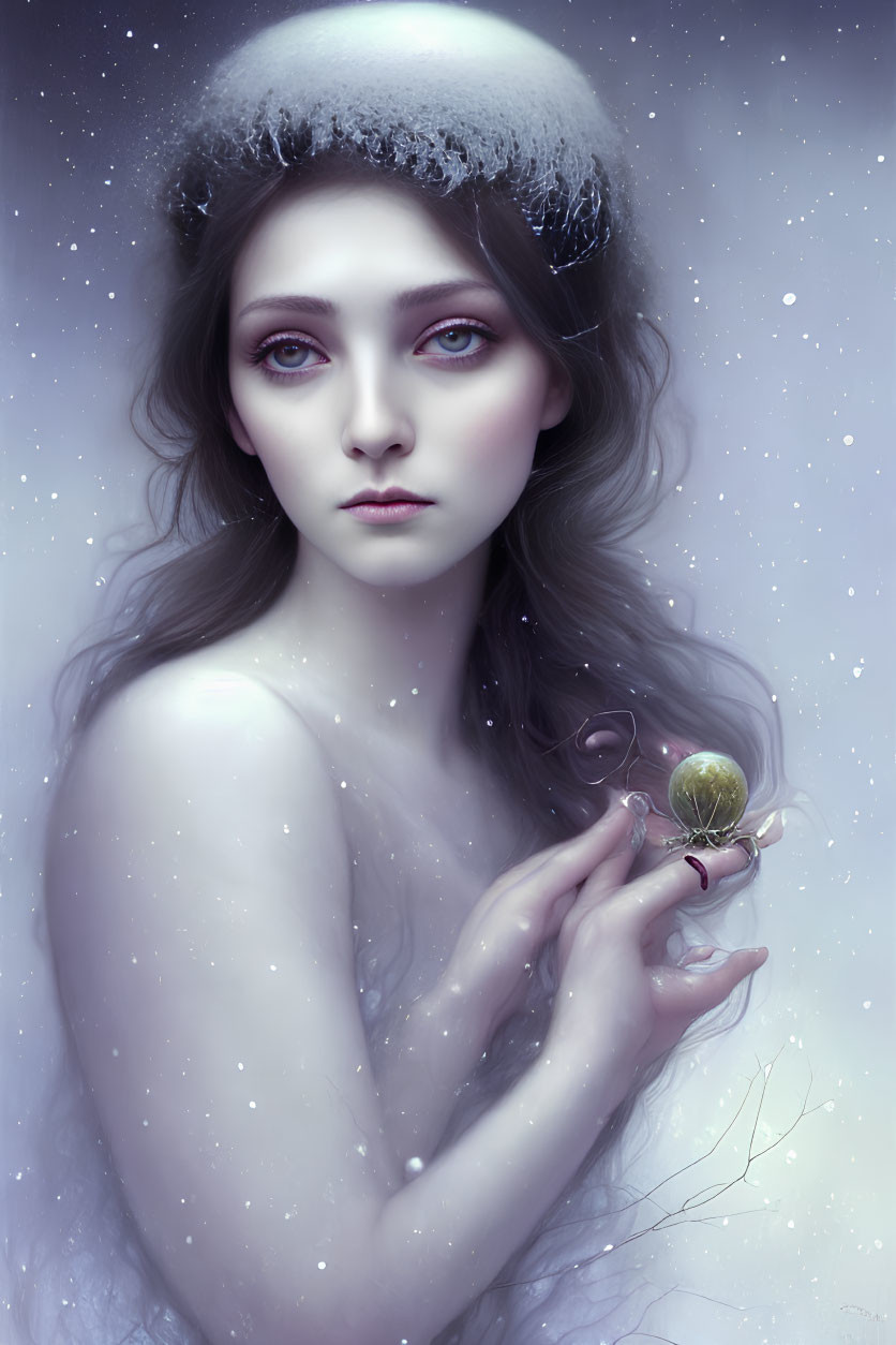 Mystical portrait of woman with snowflakes, green object, and wintry ambiance