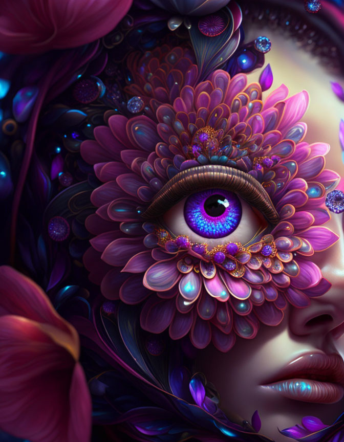 Colorful surreal digital artwork of a mystical face with floral patterns and a prominent eye in rich purple and