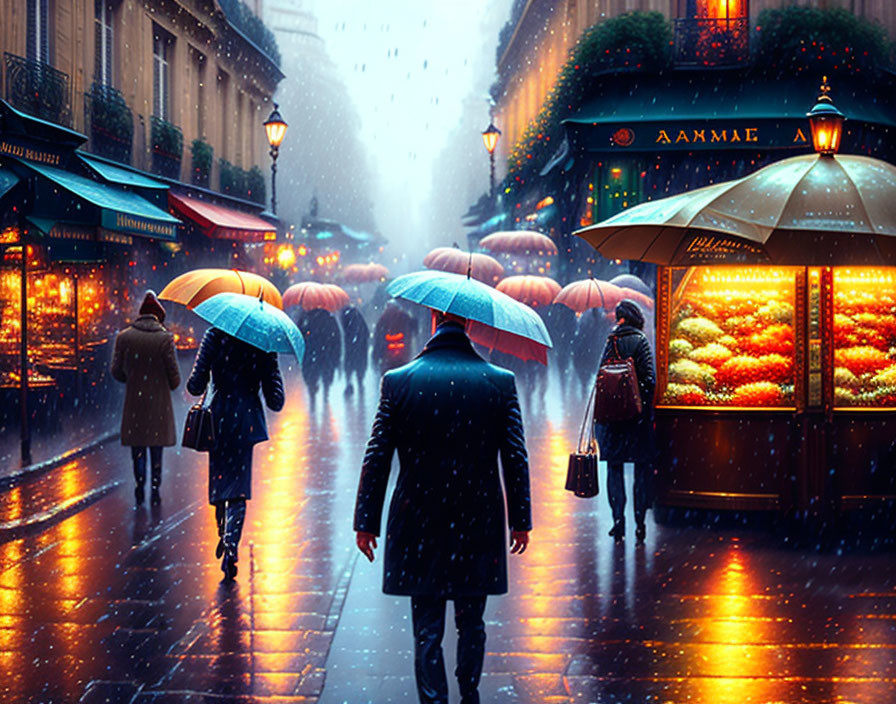 Pedestrians with umbrellas on rain-drenched street at twilight.