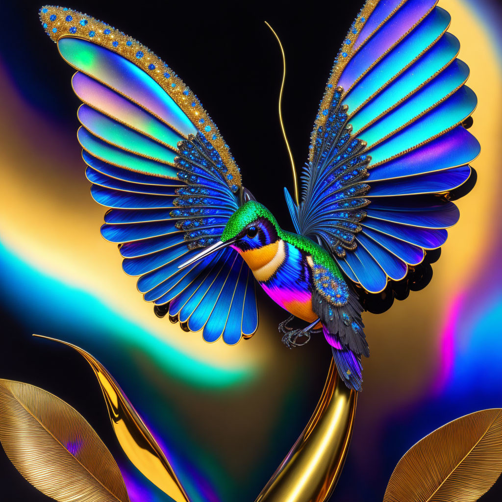 Colorful digital artwork: Vibrant hummingbird with blue and gold wings on swirling background