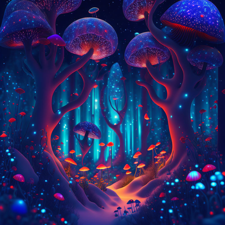 Mystical glowing forest with oversized mushrooms and path