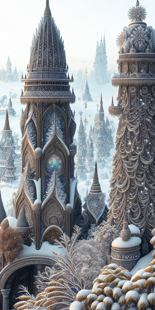 Snowy Fantasy Landscape with Ornate Towers and Spires