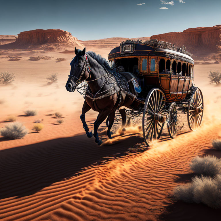 Horse-drawn carriage racing in desert landscape