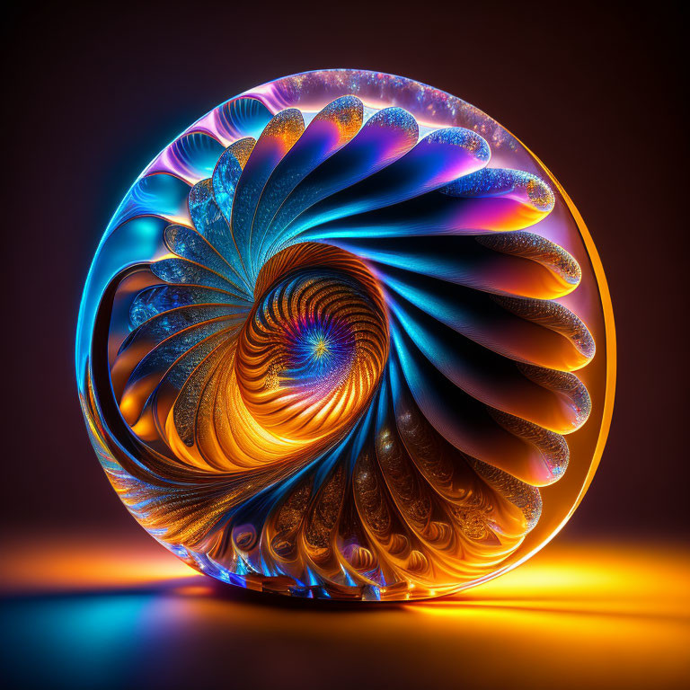 Colorful 3D fractal sphere in blue and orange on reflective dark background