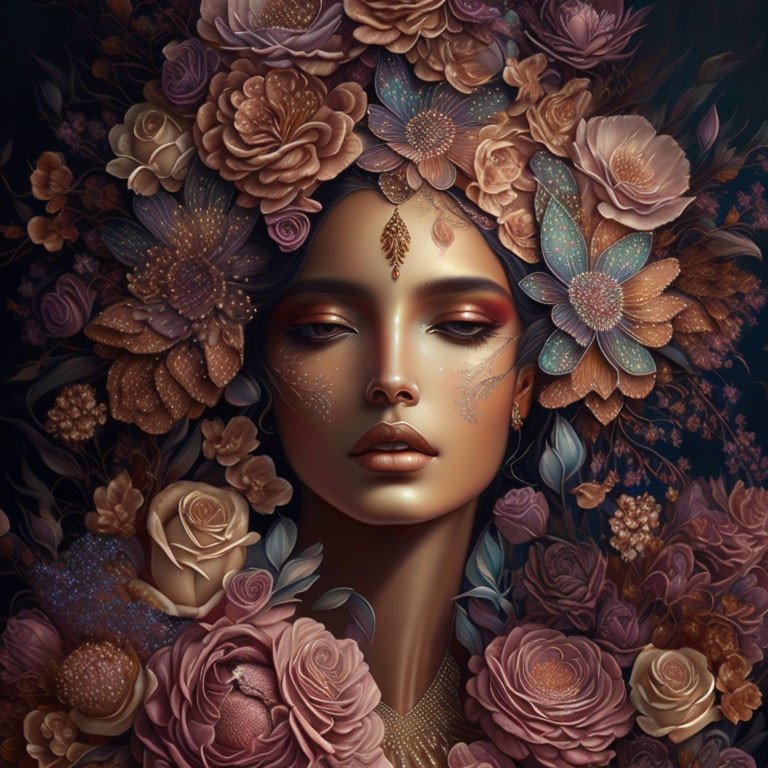 Woman with Floral Halo and Earthy Tones