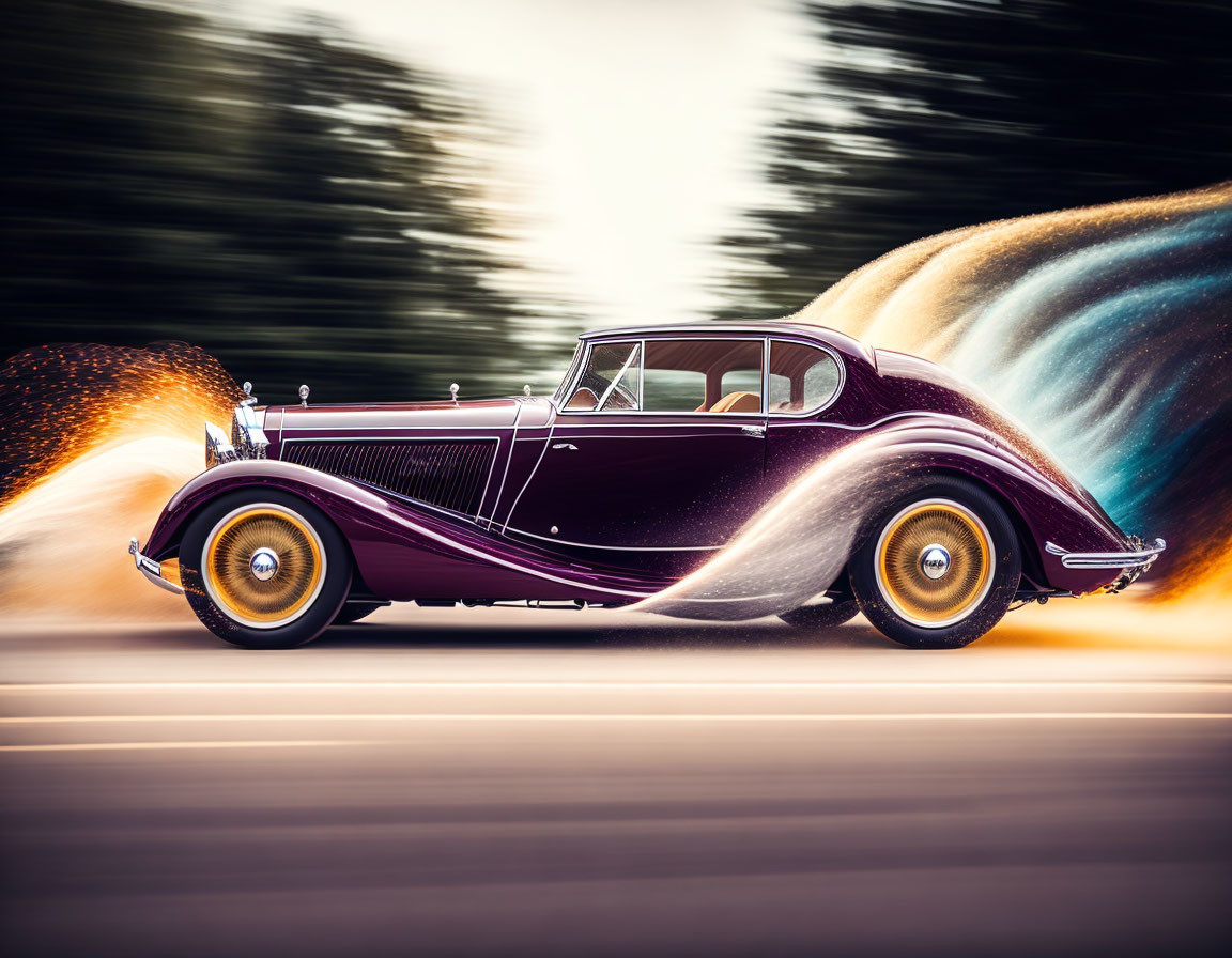 Vintage Purple Car with White-Wall Tires in Motion Blur Scene