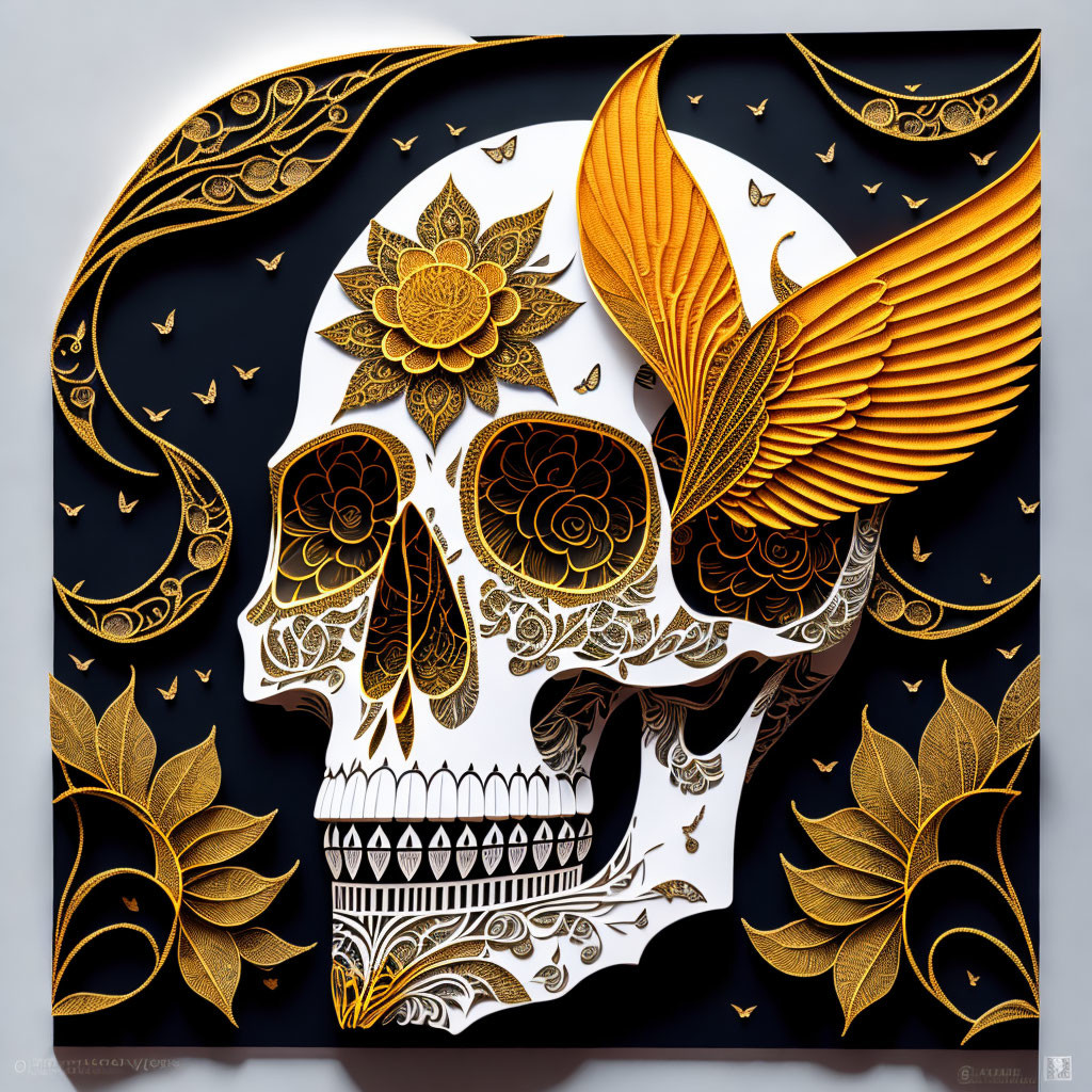 Golden Floral Skull with Wings and Ornate Design on Black Background