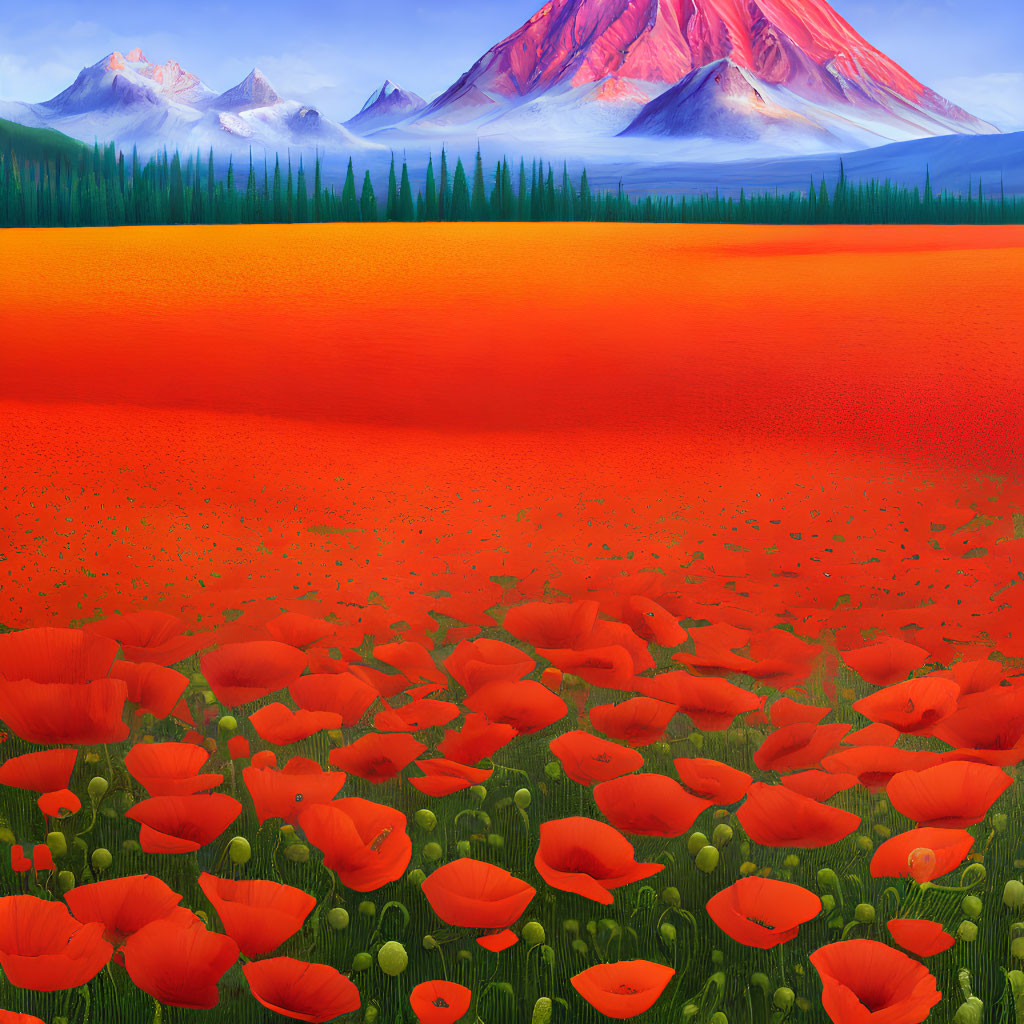 Vibrant red poppies in a field against distant mountains under clear blue sky