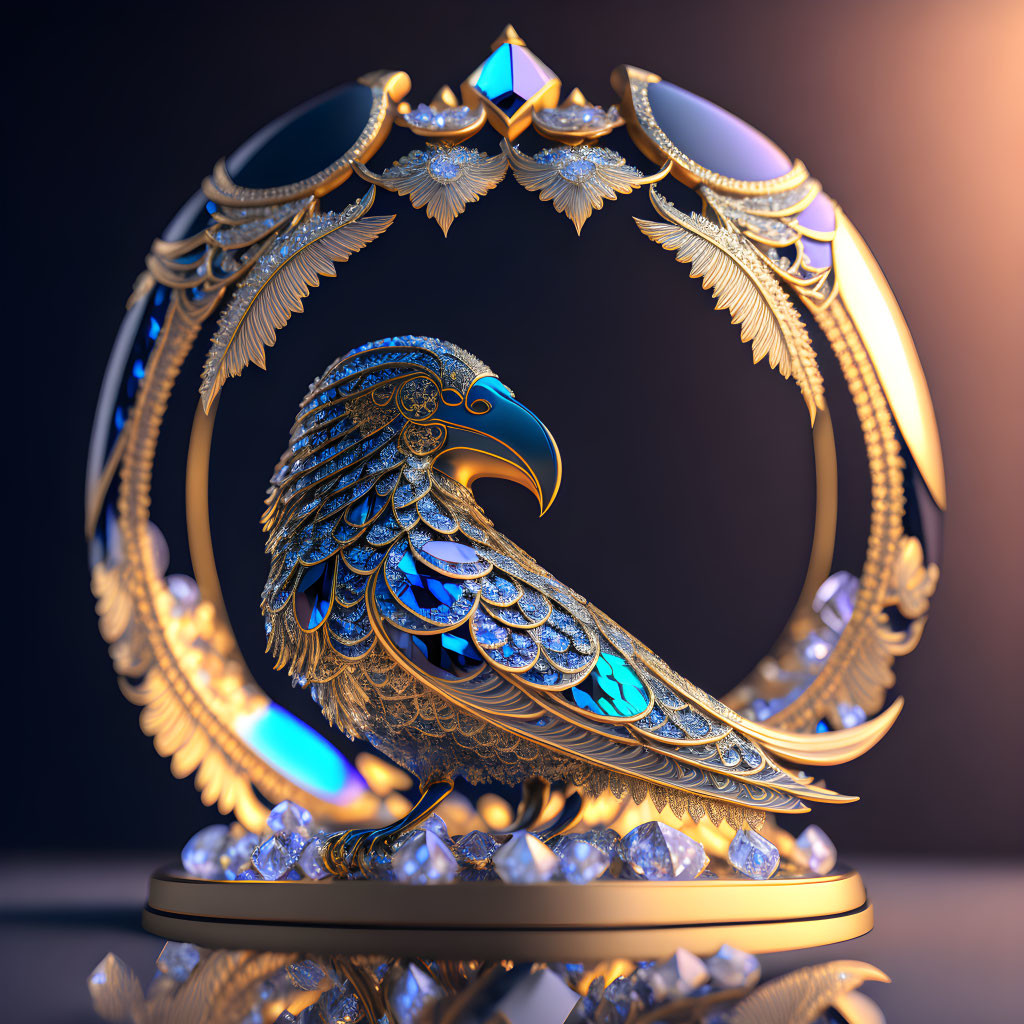 Golden Bird-Shaped Figurine with Blue Gemstones on Elaborate Arch