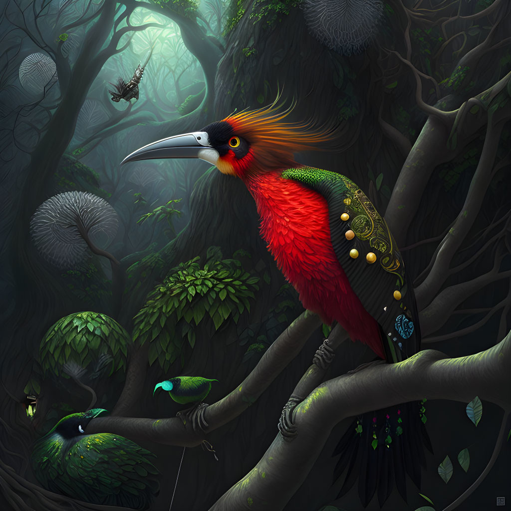 Colorful digital artwork: Mystical forest with vibrant toucan-like bird and iridescent companions