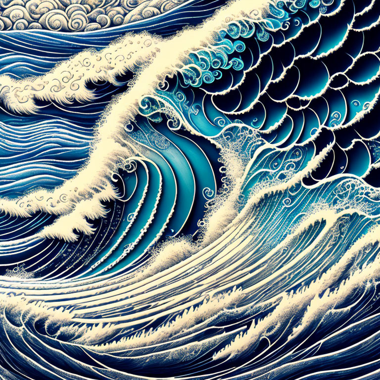 Stylized ocean waves artwork in blue and white patterns