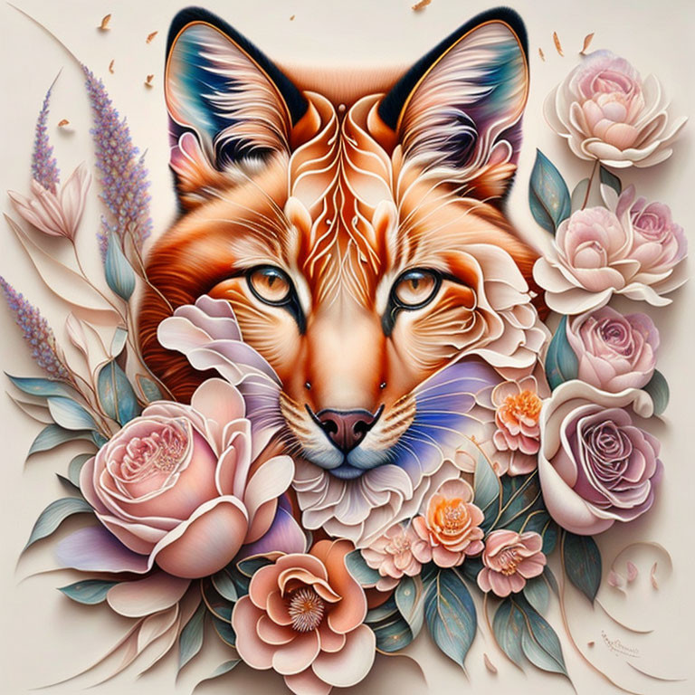 Fox face surrounded by multicolored flowers on cream background