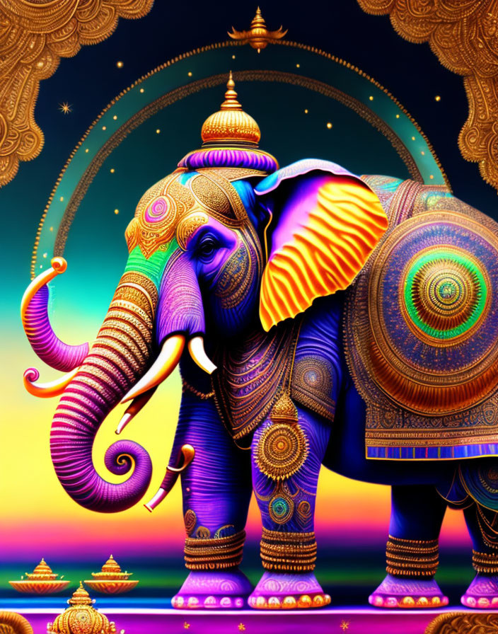 Colorful Elephant Illustration with Intricate Patterns on Twilight Sky