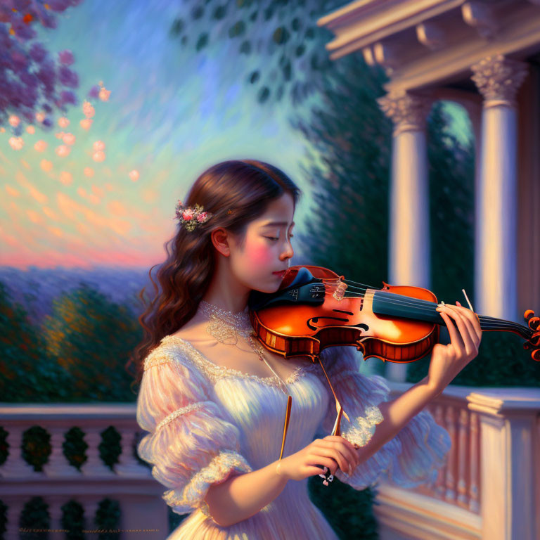 Young woman in vintage dress plays violin on balcony at sunset with fireworks.