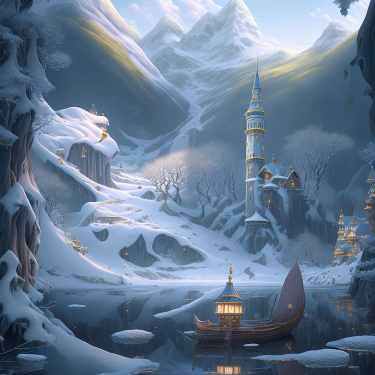 Snowy Fantasy Landscape with Castle, Houses, Boat, and Twilight Sky