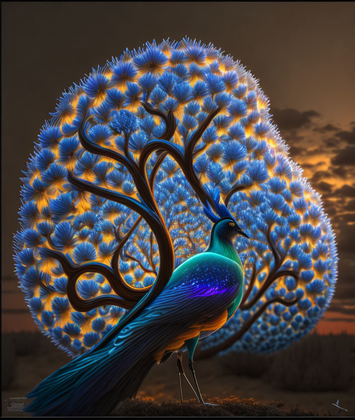 Colorful Peacock with Intricate Tail Feathers Against Sunset Sky