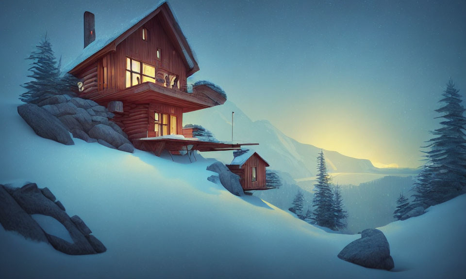 Snowy Hillside Wooden Cabin at Twilight with Warm Glowing Windows