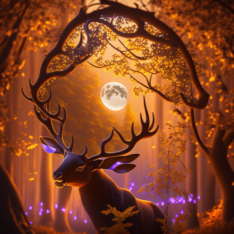 Majestic stag with tree silhouette antlers in golden-lit forest