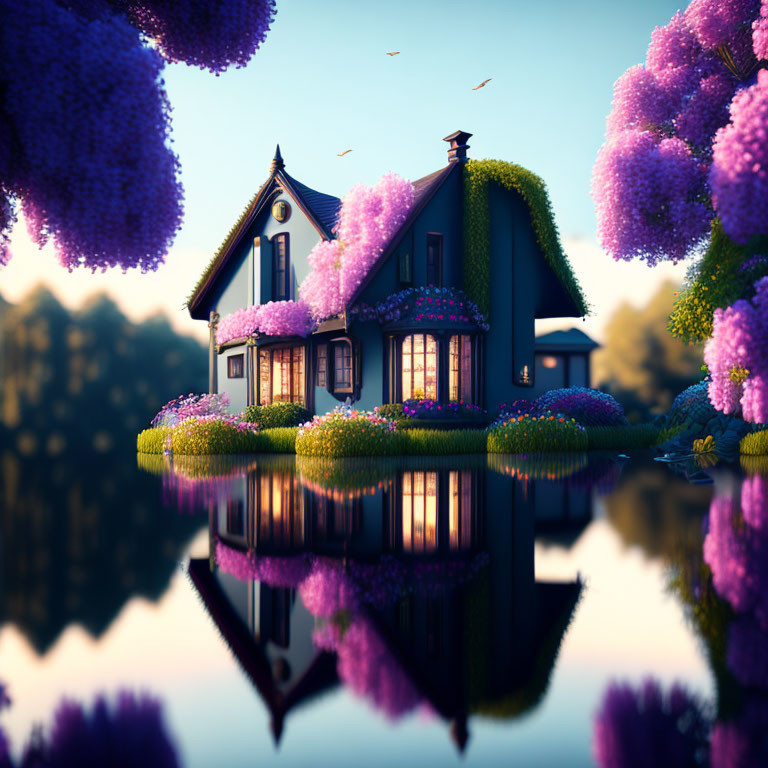 Tranquil dusk scene: green-roofed house, purple flowers, mirrored water