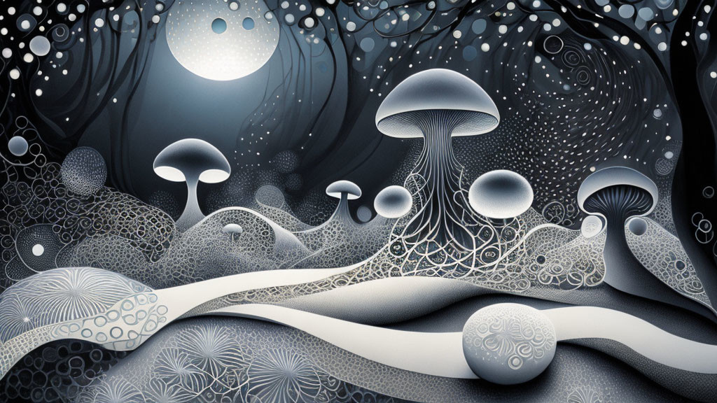 Monochrome stylized image: fantastical mushroom forest with glowing orb