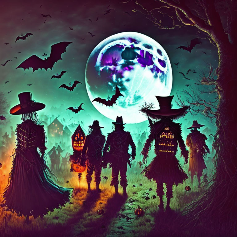 Silhouetted scarecrows and witches under full moon with bats - Halloween scene