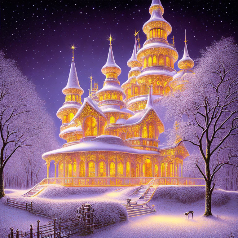 Illuminated fairytale castle with golden domes in twilight scenery