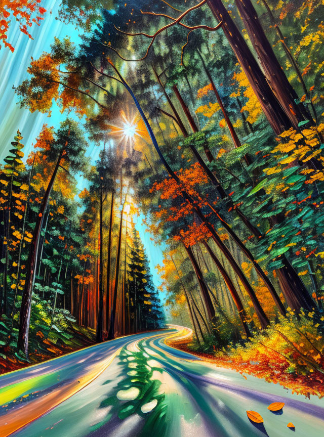 Colorful Forest Scene: Winding Road & Sunlight Through Trees