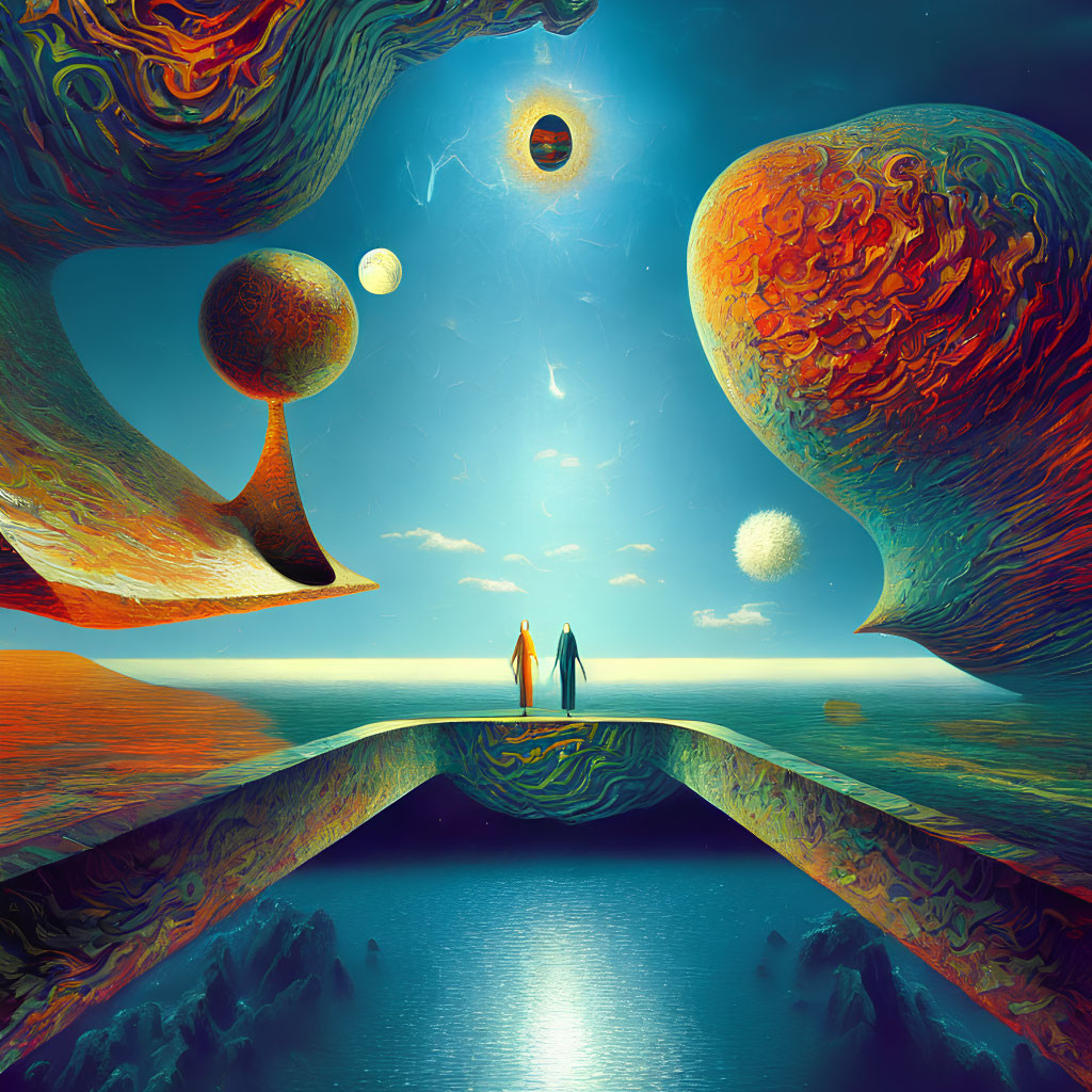 Vivid surreal landscape with figures on bridge and celestial bodies.