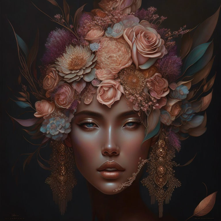 Elaborate floral headdress and gold earrings on woman in calm expression