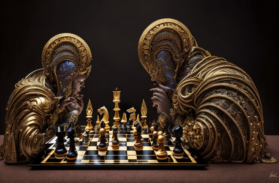 Golden knight-like figures playing chess on ornate board