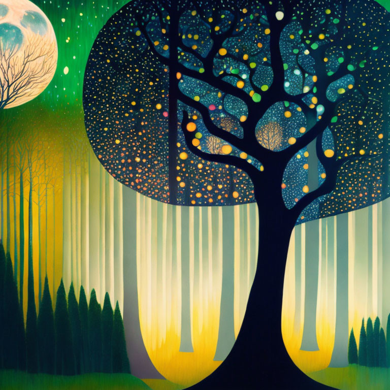 Whimsical tree painting with colorful leaves under starry sky