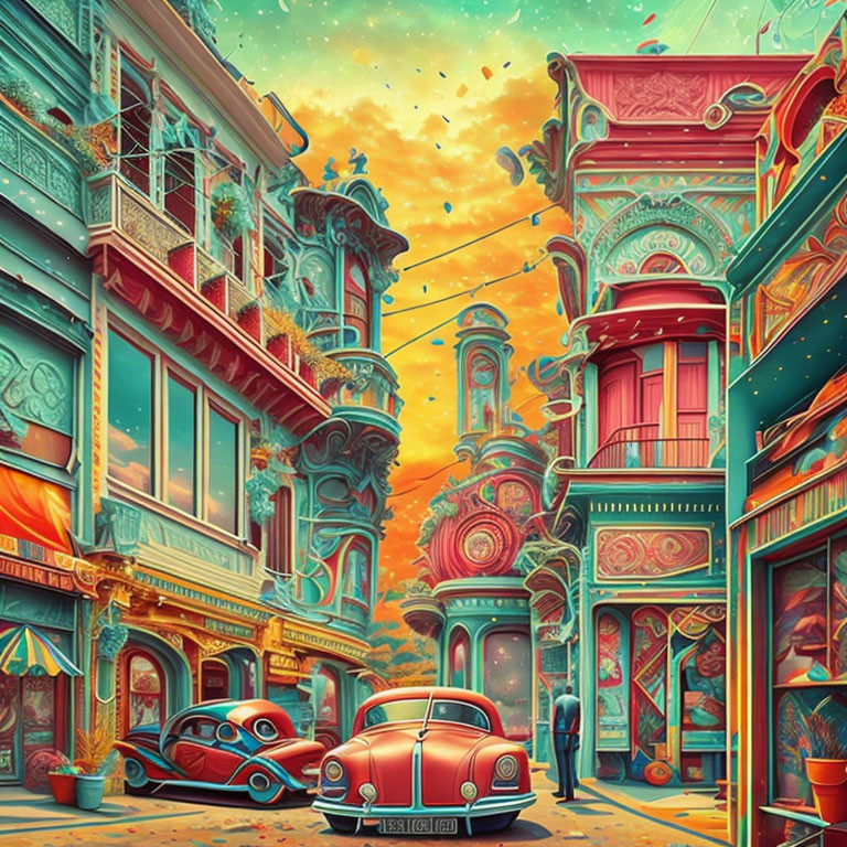 Whimsical urban street illustration with ornate buildings and classic cars