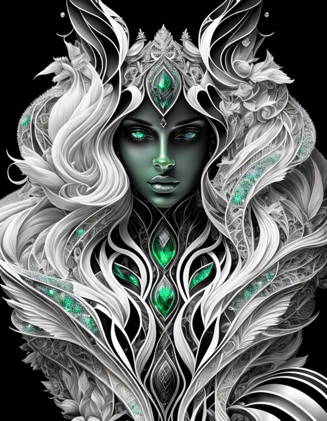 Detailed fantasy figure with pale skin, silver hair, green eyes, and ornate headgear.