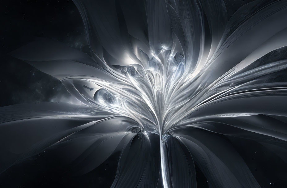 Abstract fractal flower with luminous petals on dark, starry backdrop