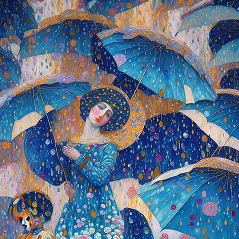 Impressionist-style painting of woman and child with blue polka-dotted umbrellas