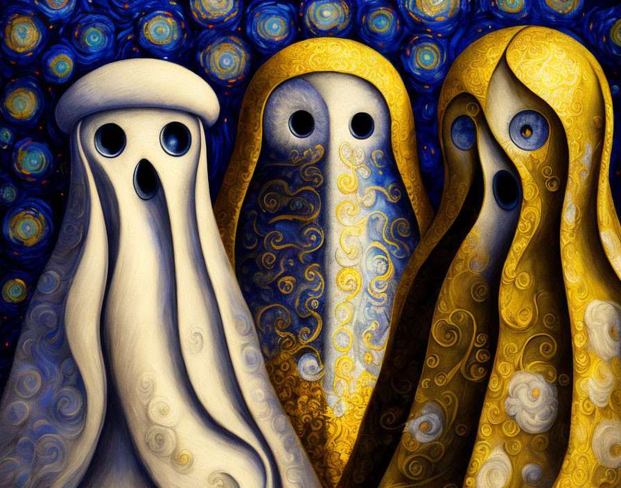 Stylized ghost-like figures with expressive eyes on swirling blue and gold background