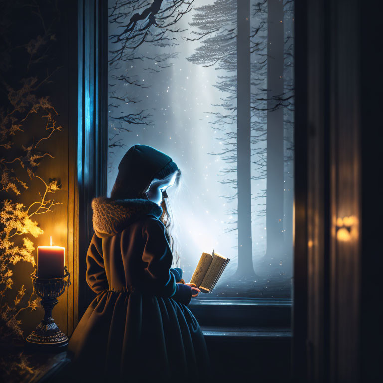 Child reading book by candlelight near snowy forest at night