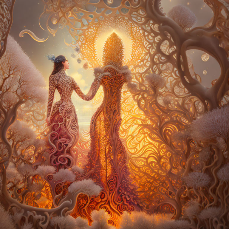 Ethereal figures in surreal amber-toned setting