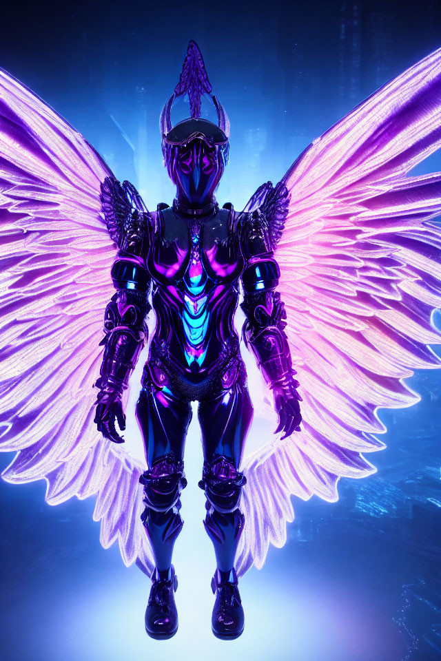 Futuristic armored figure with glowing pink wings in neon blue setting