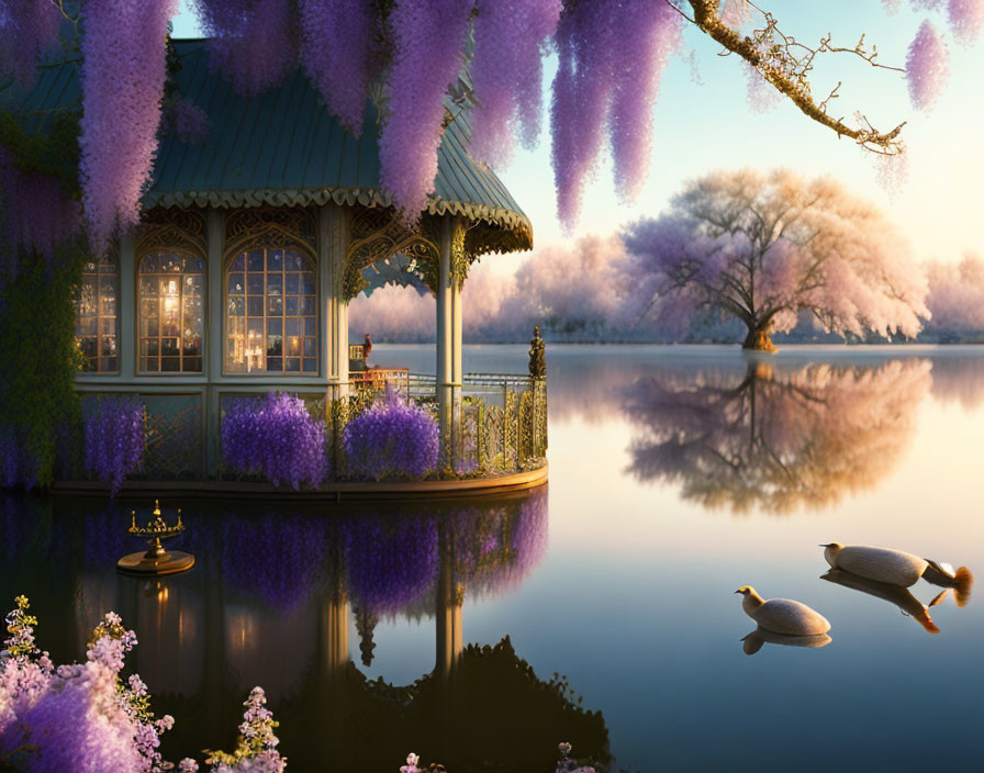 Tranquil lake scene with wisteria gazebo and koi fish sculptures