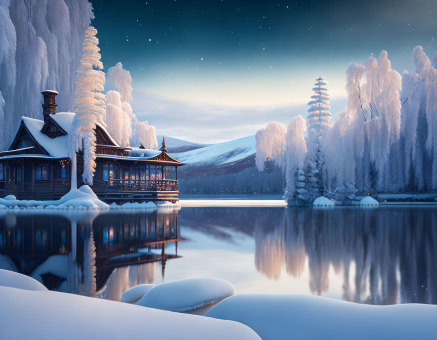 Winter cabin by still lake amid snow-covered trees under twilight sky