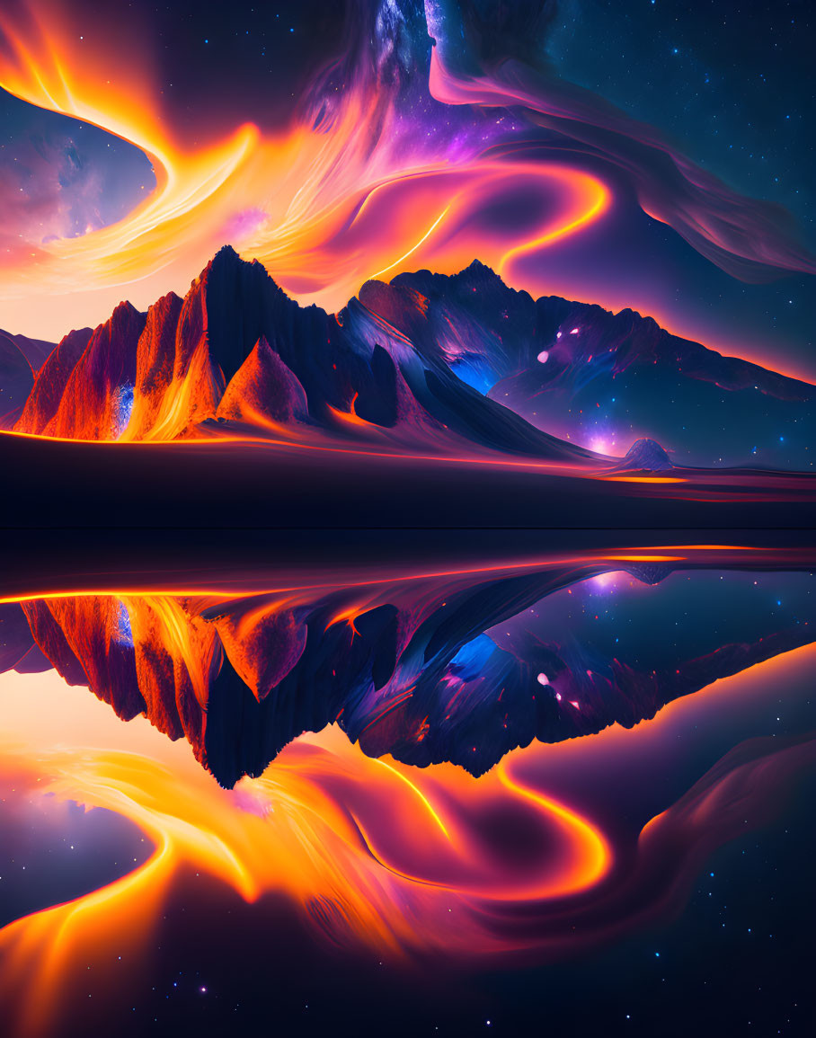 Surreal landscape with fiery clouds and mirrored mountains