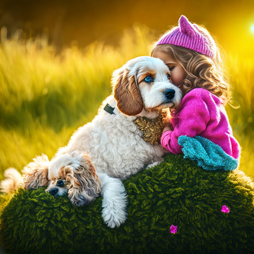 Young girl in pink hat whispers to fluffy dog on mossy surface in golden-lit field