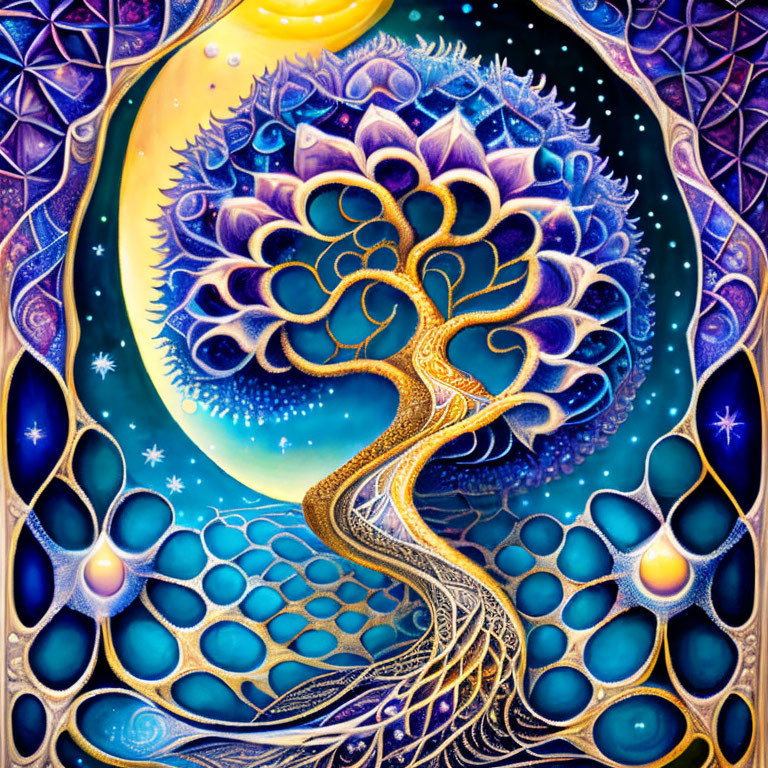 Psychedelic painting of twisted tree under golden moon