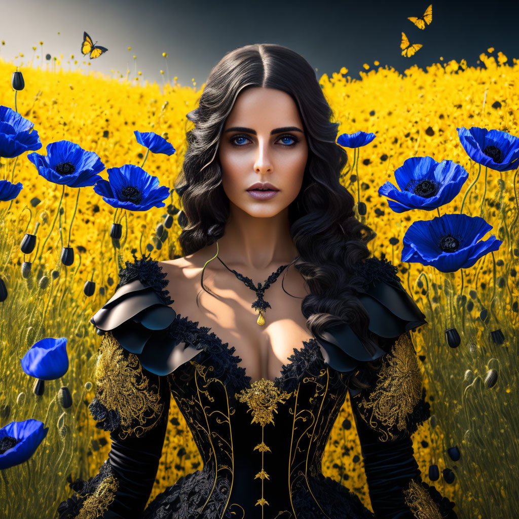 Dark-haired woman in black and gold dress surrounded by golden and blue flowers and butterflies