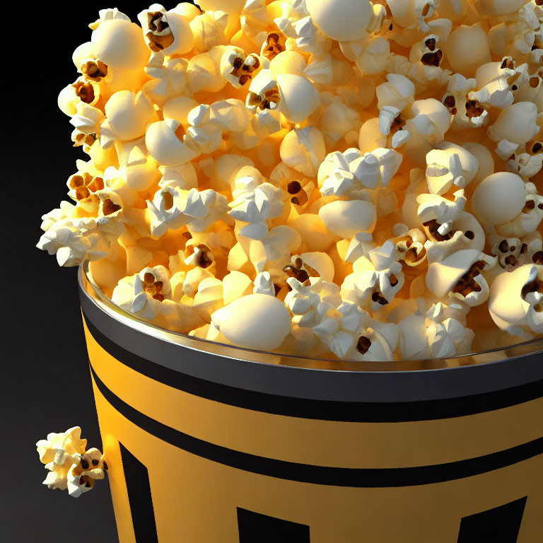 Detailed Close-Up of Overflowing Yellow and Black-Striped Popcorn Tub