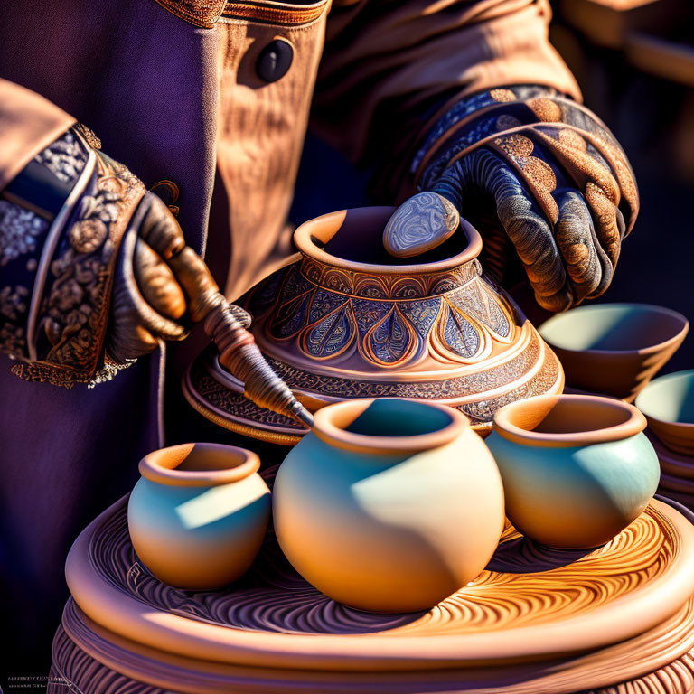 Craftsman arranging patterned ceramic pots and bowls with intricate gloves on wooden surface