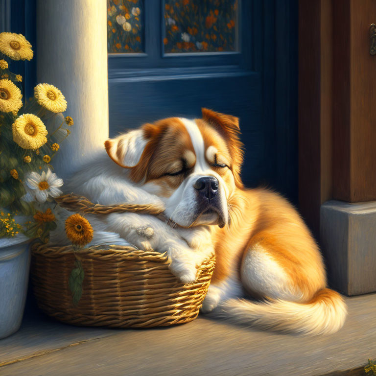 White and tan dog sleeping in wicker basket next to daisies in sunlight